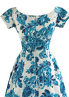 Vintage Late 1950s Early 1960s Blue & White Roses Cotton Dress - NEW!