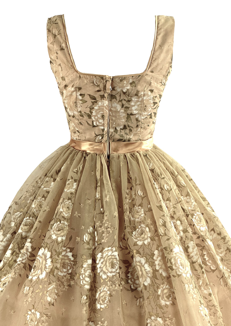 Vintage 1950s Golden Floral Painted Chiffon Dress - NEW!