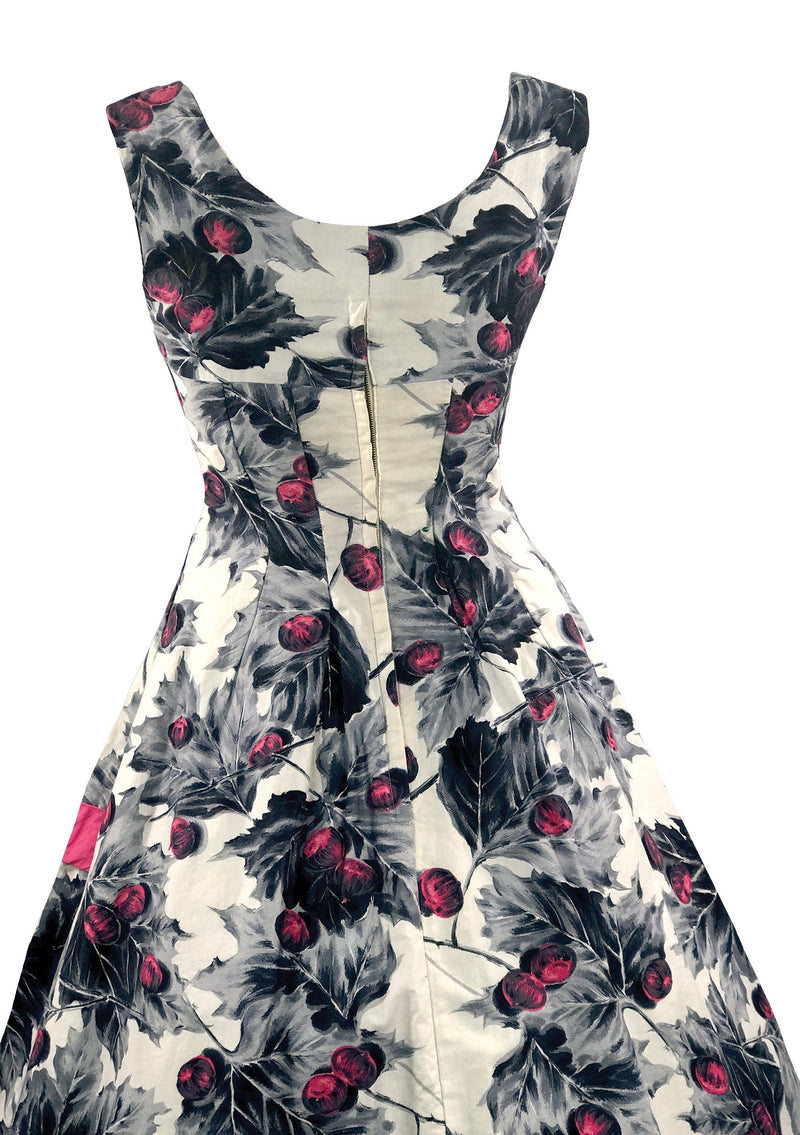 Vintage 1950s Magenta & Grey Berry Print Cotton Dress - New!