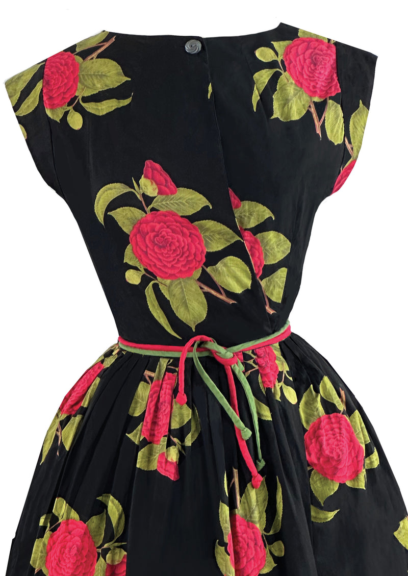Late 1950s to Early 1960s Red Camellias Cotton Dress- NEW!