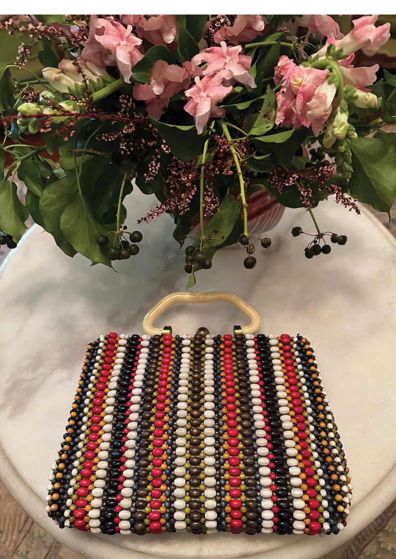 Vintage 1940s Wood Beaded Colourful Striped Purse - NEW!