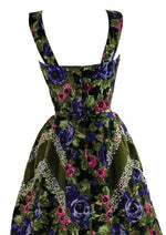 Late 1950s Ranunculus Floral Cocktail Dress with Velvet and Sequins - NEW!