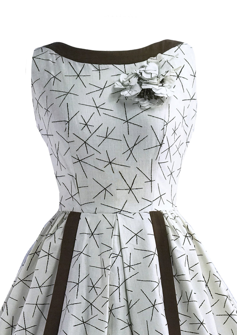1950s Brown and White Criss Cross Pattern Dress and Bolero- New!