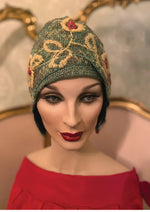 Vintage 1920s Sea Green Embroidered Flapper Cloche - NEW!
