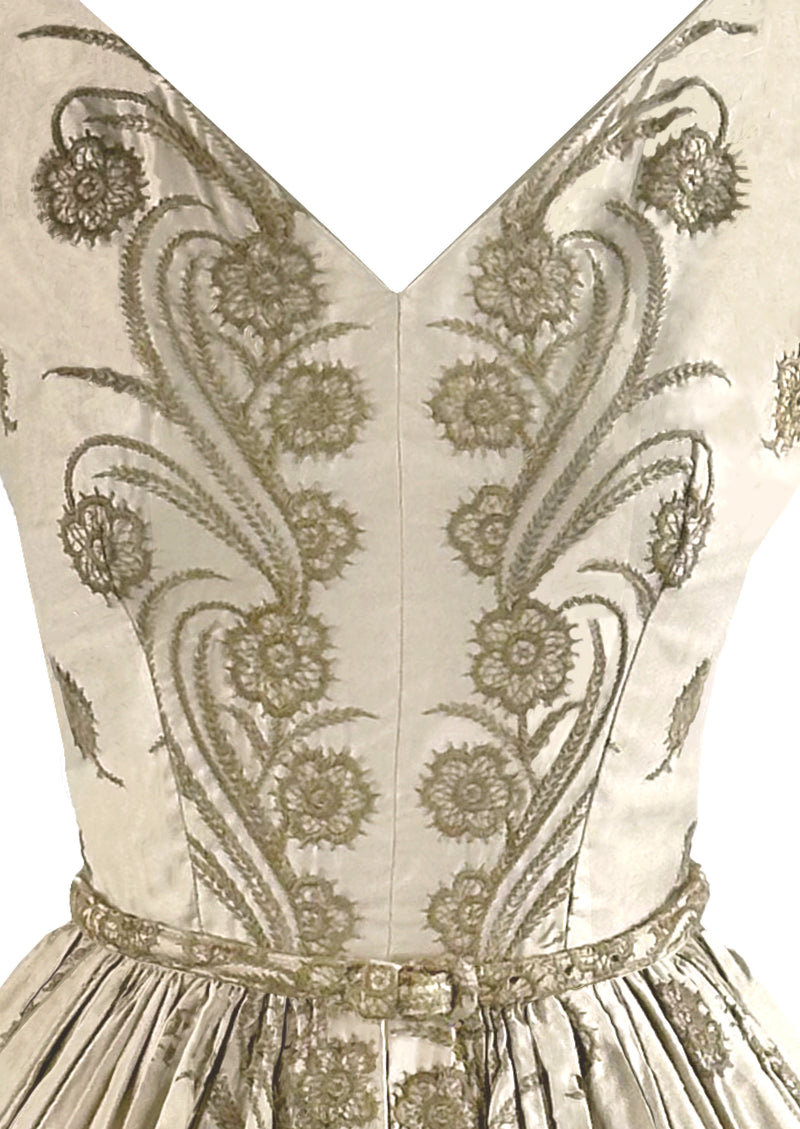 Vintage Early 1960s Cream Glazed Cotton Embroidered Dress- NEW!
