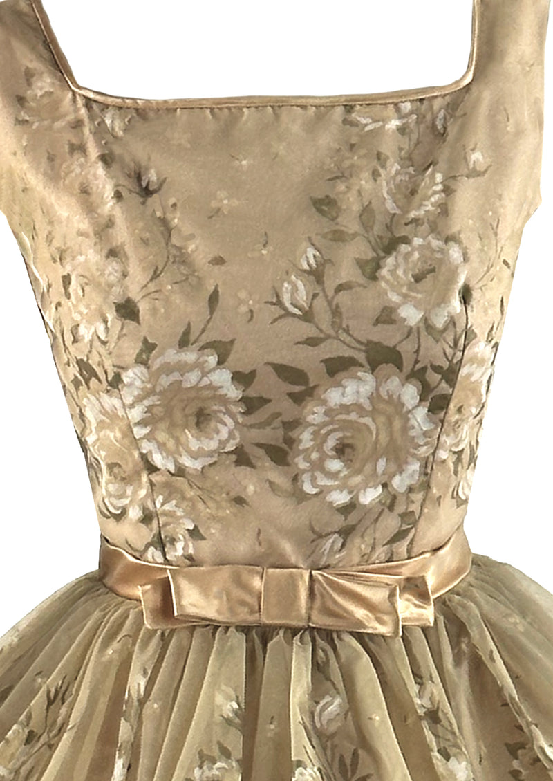 Vintage 1950s Golden Floral Painted Chiffon Dress - NEW!