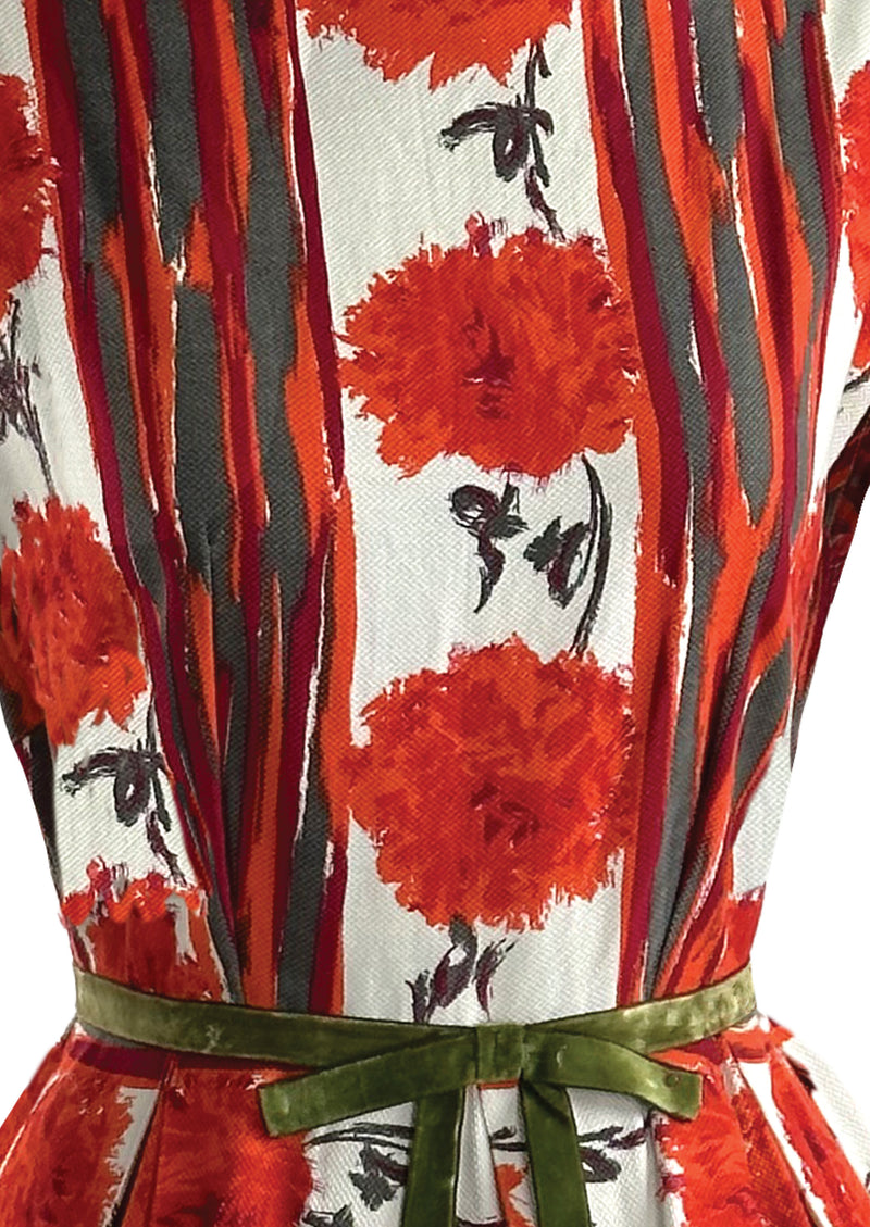 Late 1950s to Early 1960s Tangerine Carnations Cotton Dress - NEW!