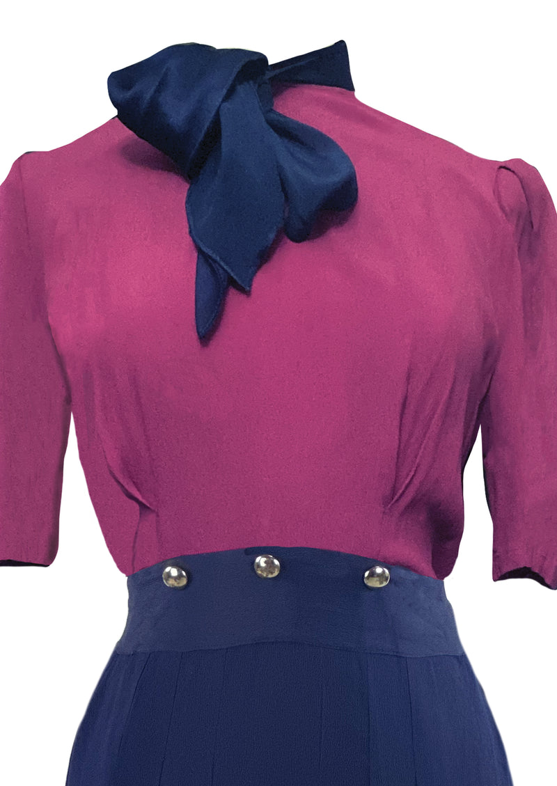 Late 1930s to Early 1940s Magenta and Navy Dress - NEW!
