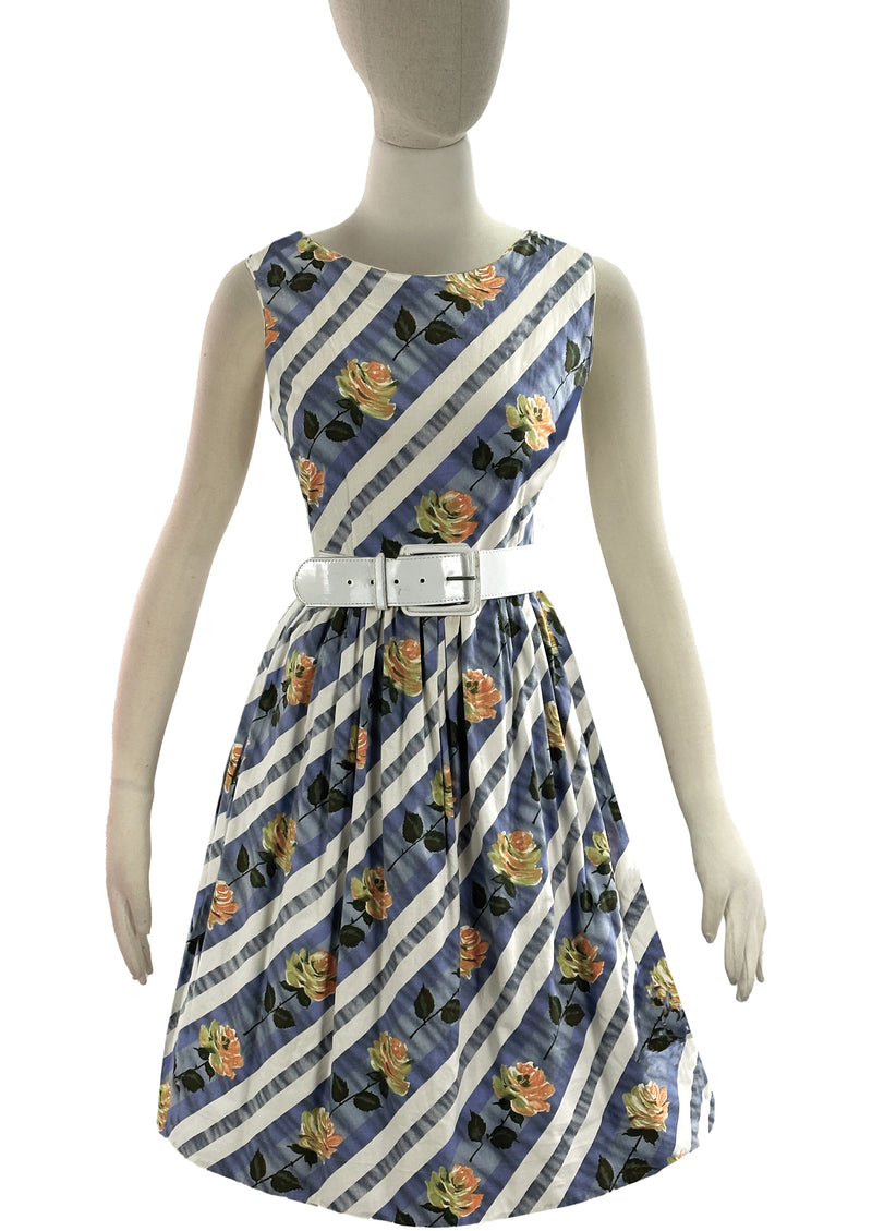 Late 1950s to Early 1960s Diagonal Roses Cotton Dress - NEW!