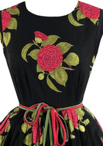 Late 1950s to Early 1960s Red Camellias Cotton Dress- NEW!