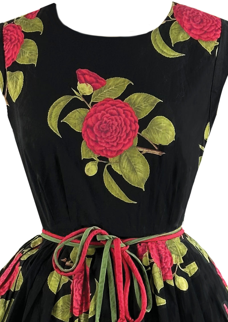Late 1950s to Early 1960s Red Camellias Cotton Dress- NEW!