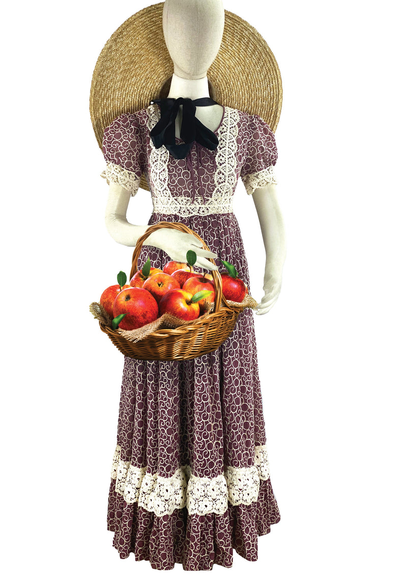 Vintage 1970s Chocolate Brown Maxi Prairie Dress- NEW!