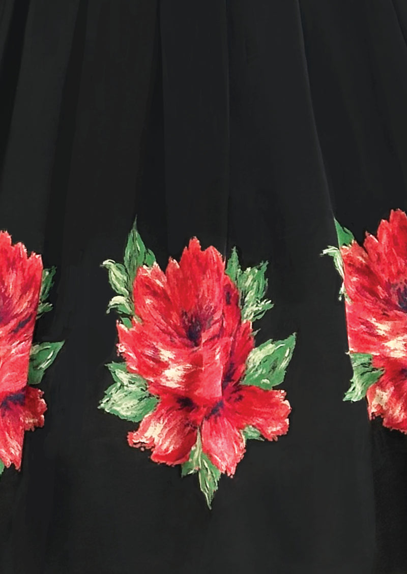 Late 1950s Black Cotton Sundress with Red Roses Border- NEW!