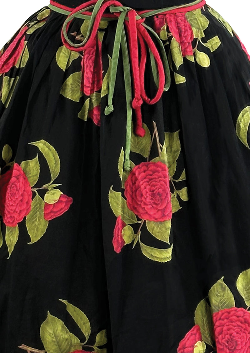 Late 1950s to Early 1960s Red Camellias Cotton Dress- NEW!
