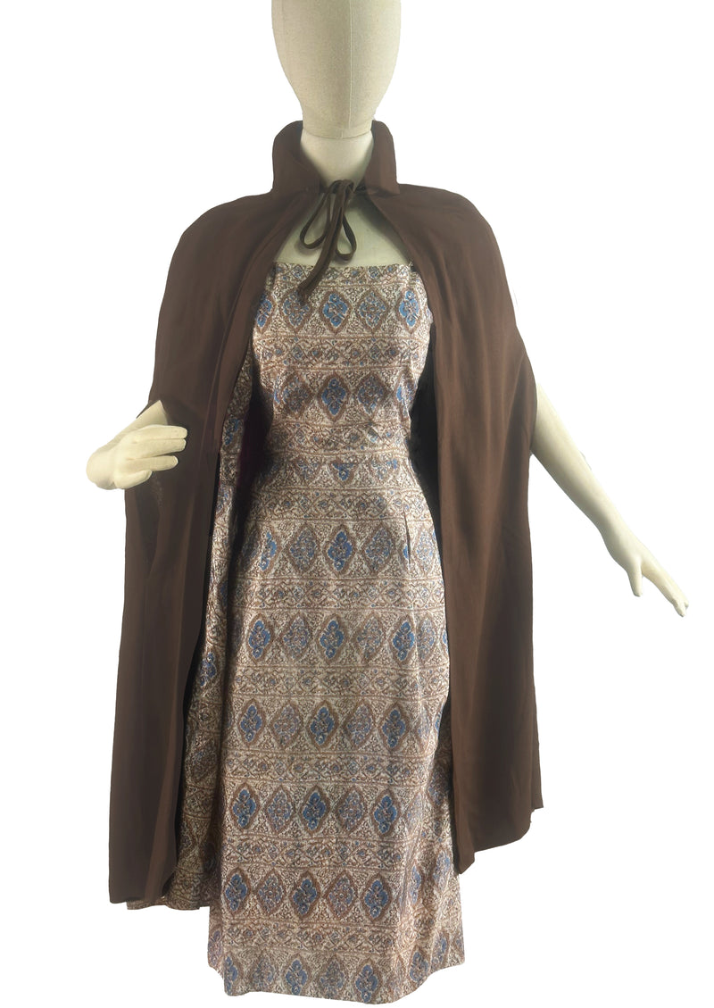 Vintage 1950s Dress and Cape Ensemble in Chocolate Tones - NEW!