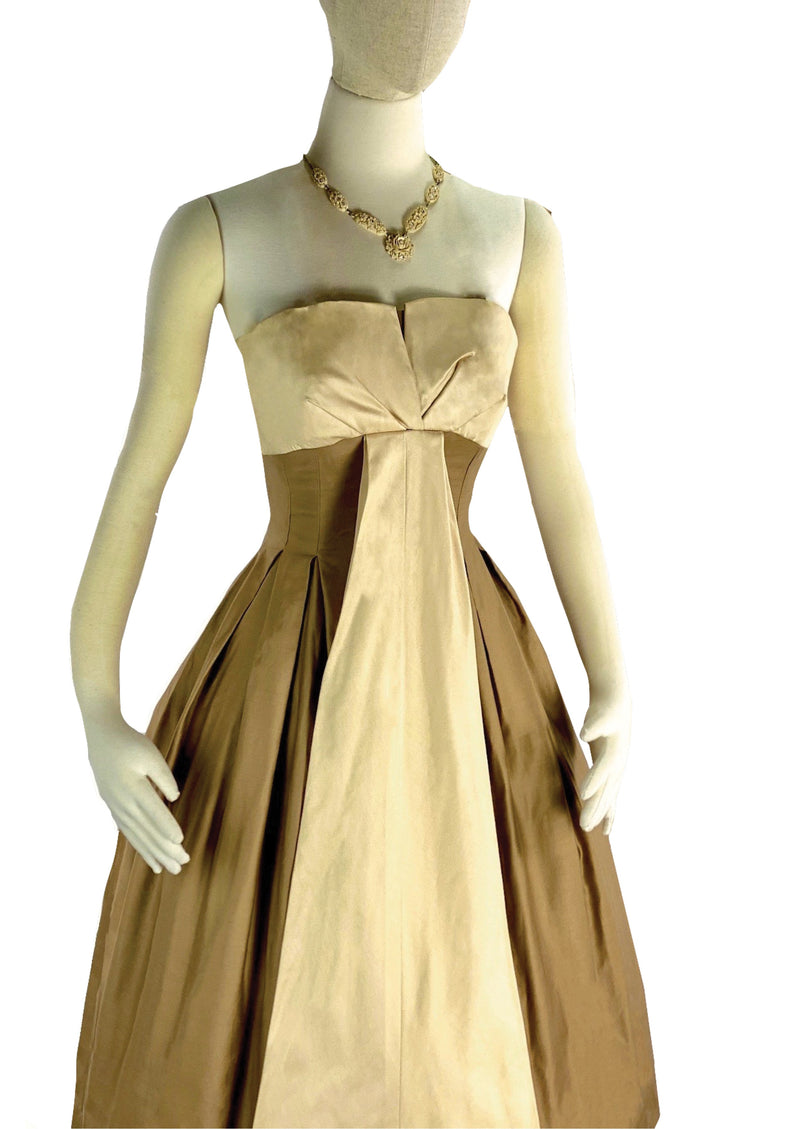 Late 1950s to Early 60s Bronze & Cream Cocktail Dress - NEW!