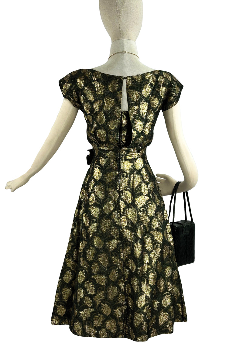 Early 1960s Deep Moss Green and Gold Brocade Cocktail Dress - NEW!