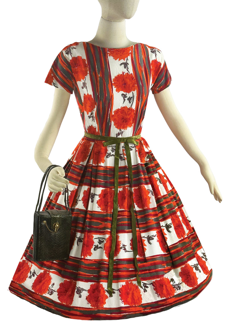 Late 1950s to Early 1960s Tangerine Carnations Cotton Dress - NEW!