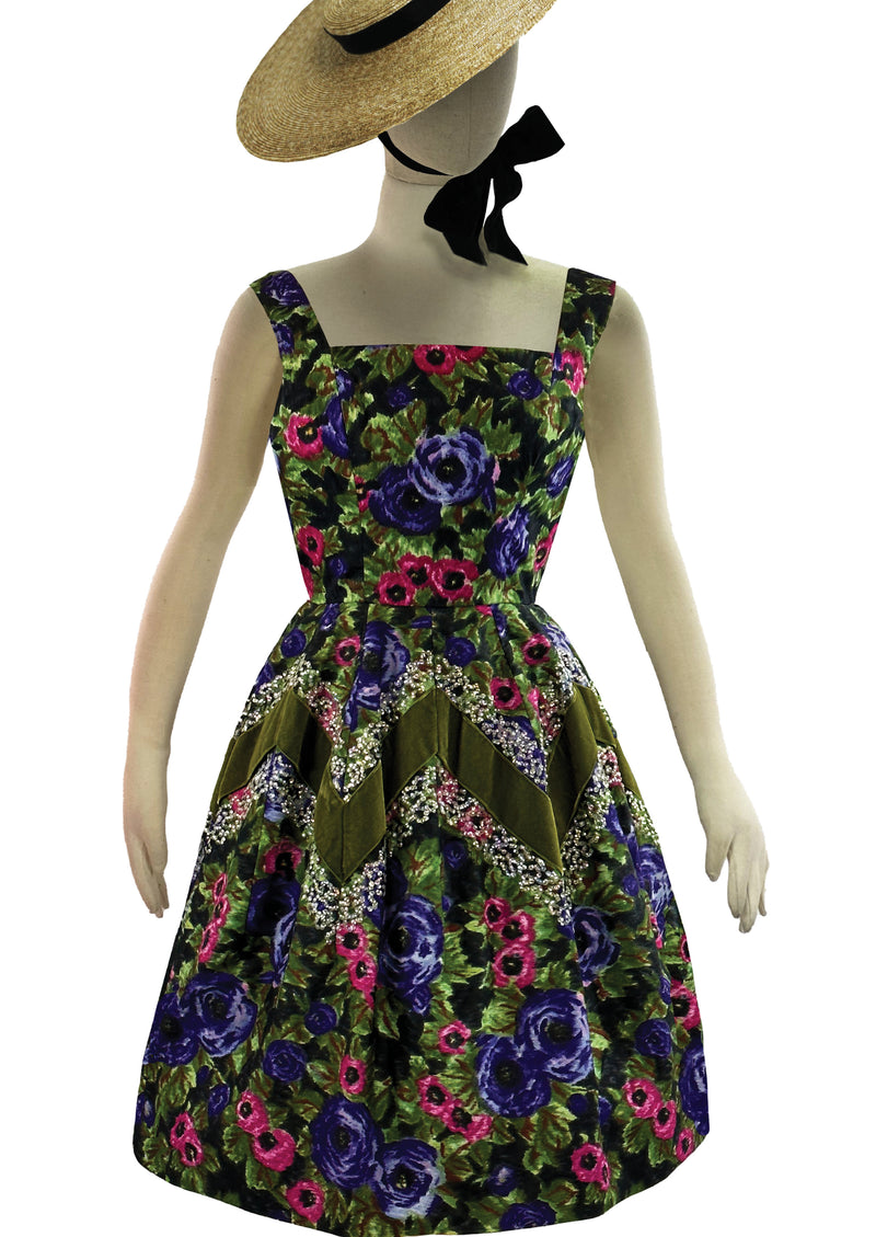 Late 1950s Ranunculus Floral Cocktail Dress with Velvet and Sequins - NEW!