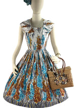 Late 1950s Blue and Gold Hollyhocks Designer Dress NEW!
