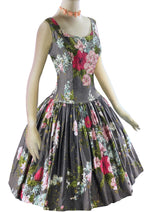 Vintage late 1950s Silver Background with Bouquets Cotton Dress- NEW!