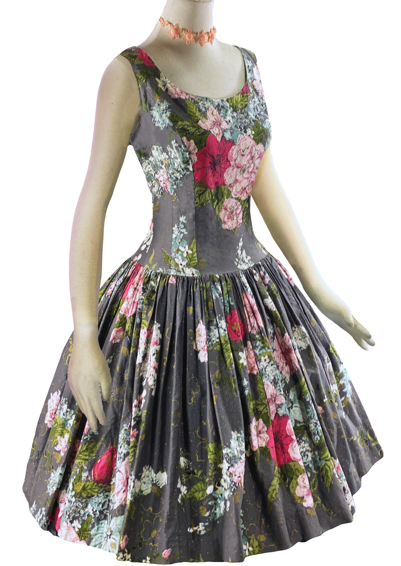 Vintage late 1950s Silver Background with Bouquets Cotton Dress- NEW!