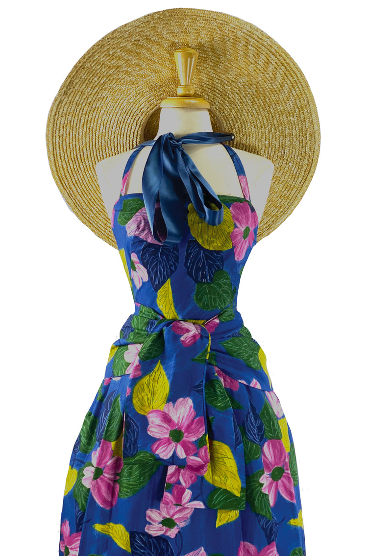 Early 1960s Blue Floral Print Designer Dress & Stole Ensemble- New!