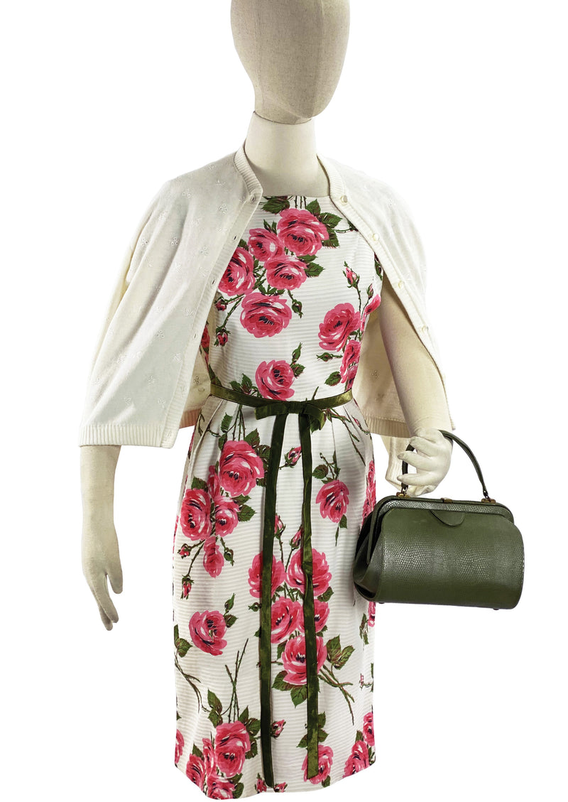Late 1950s to Early 1960s Pink Roses Cotton Wiggle Dress- New!