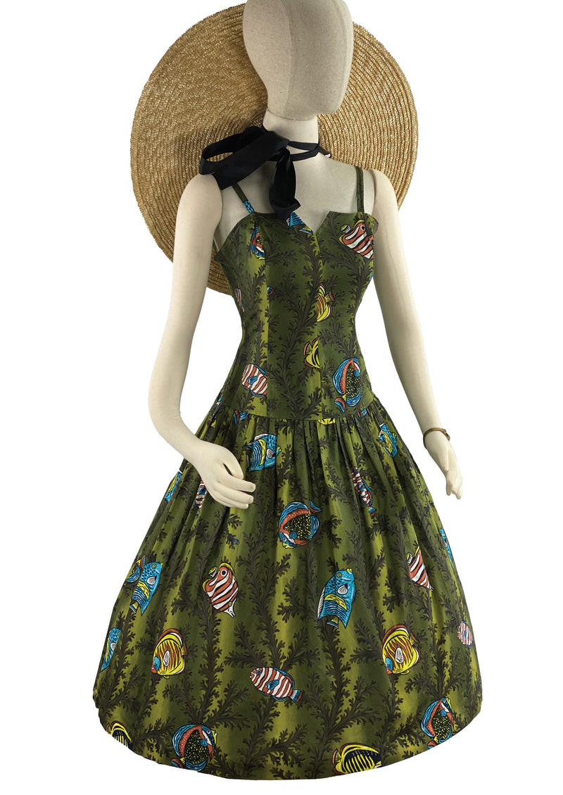Vintage 1970s Green Fishes Novelty Print Dress - NEW!