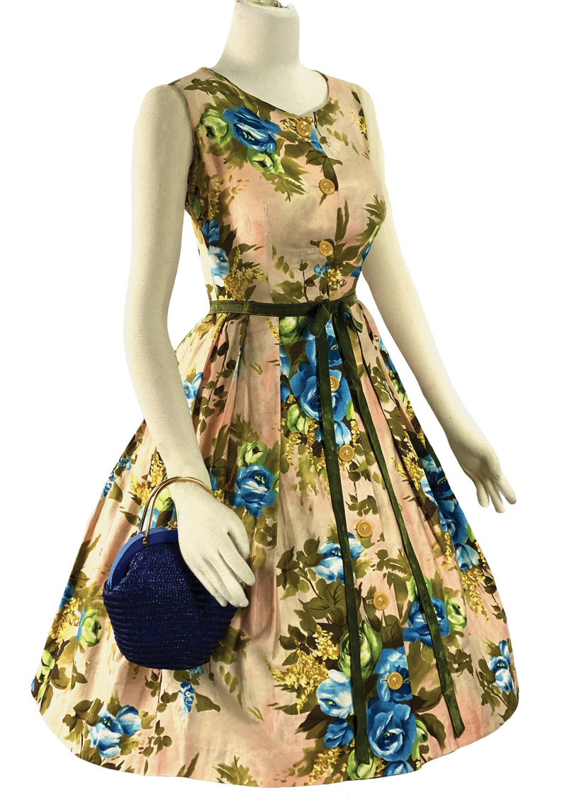 Late 1950s to Early 1960s Huge Blue Roses Dress- NEW!
