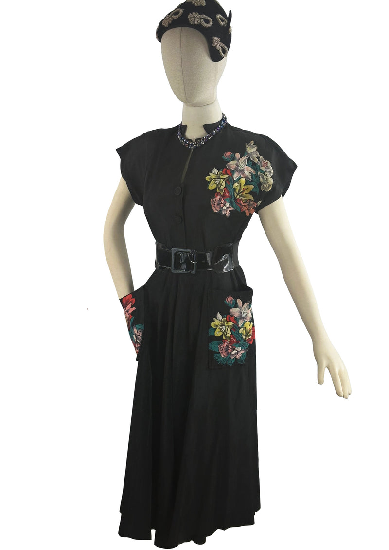Beautiful Vintage 1950s Black Rayon Dress with 3D Appliqués- NEW!