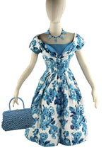 Vintage Late 1950s Early 1960s Blue & White Roses Cotton Dress - NEW!