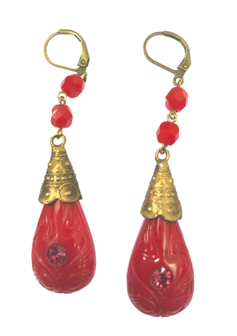 Vintage 1920s Czech Dark Red Coral Glass Earrings- New!