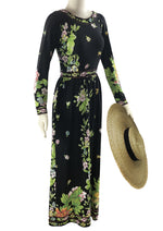 Vintage 1970s Black Floral Jersey Designer Maxi Dress - NEW!