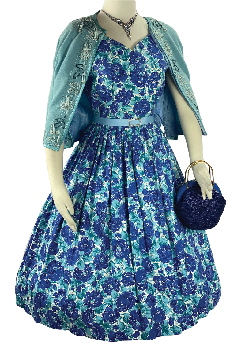 Vintage 1950s Turquoise and Blue Roses Dress - New!