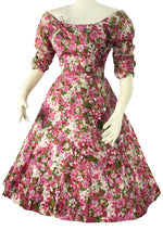 Eye-Catching 1950s Pink Floral 3D Applique Silk Dress - New!