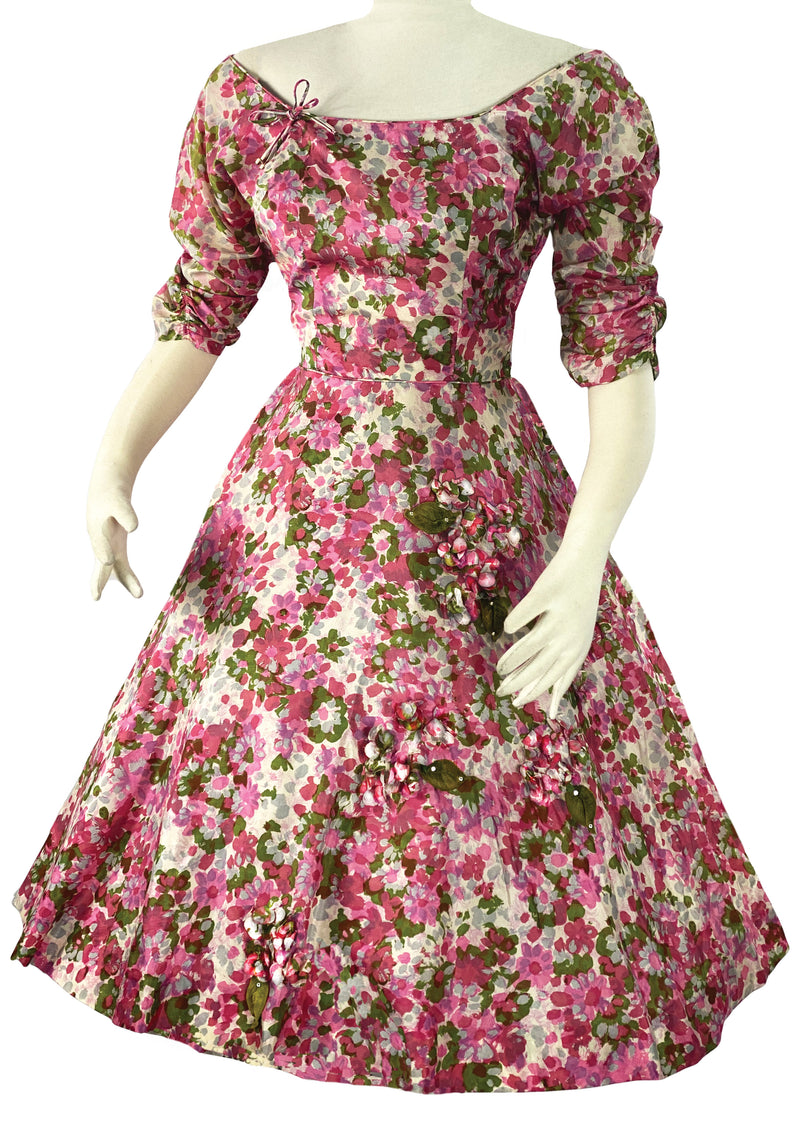 Eye-Catching 1950s Pink Floral 3D Applique Silk Dress - New!