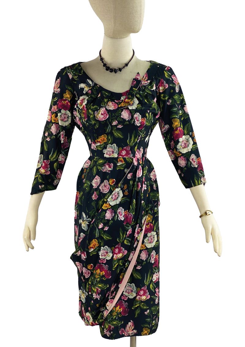 Late 1950s Black Floral Draped Wiggle Dress - NEW!