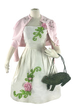 Early 1960s White Piqué With Pink 3D Rose Appliqués Dress- New!