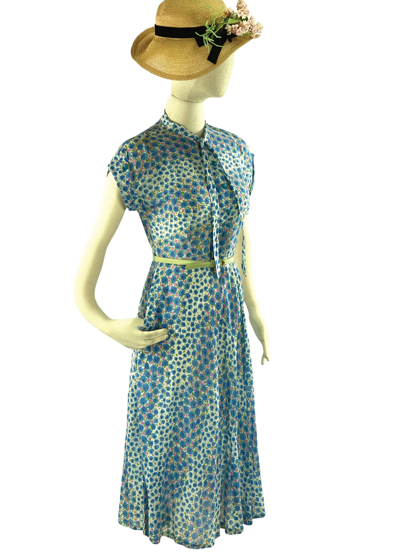 Vintage 1930s Blue and Pink Floral Cotton Dress - NEW!