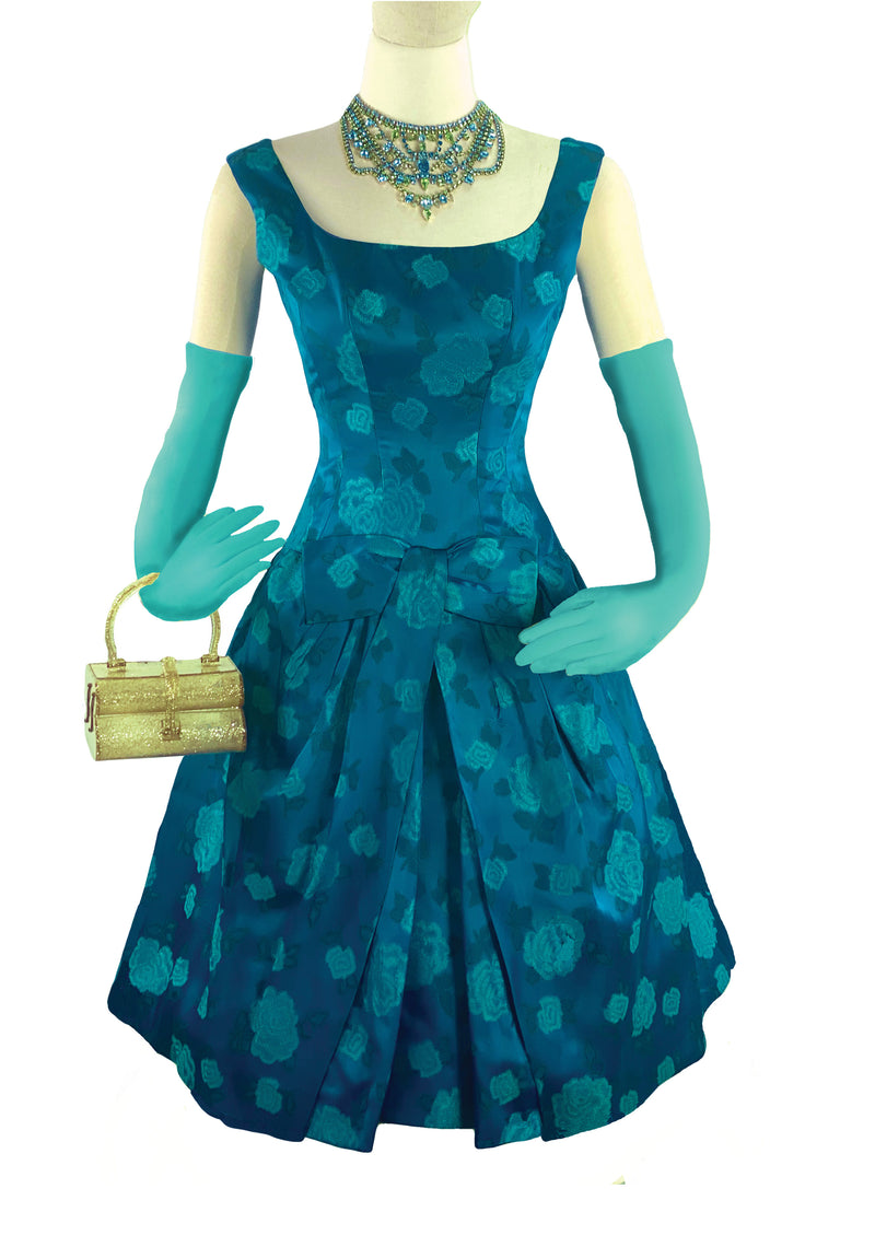 1950s Designer Frank Usher Teal Floral Brocade Cocktail Dress- New! Coutura Vintage 1950s Designer Frank Usher Teal Floral Brocade Cocktail Dress- New! Coutura Vintage