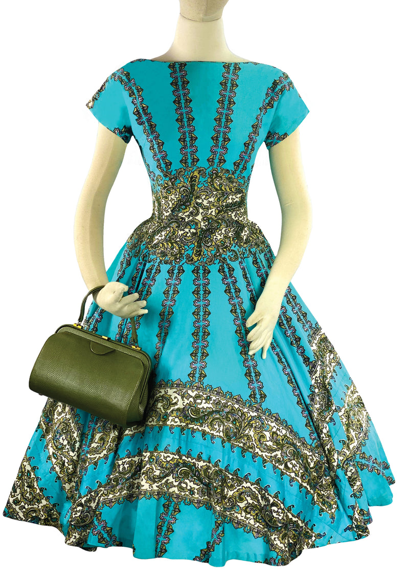 Vintage 1950s Italian Designer Turquoise Blue Cottob Dress- New!