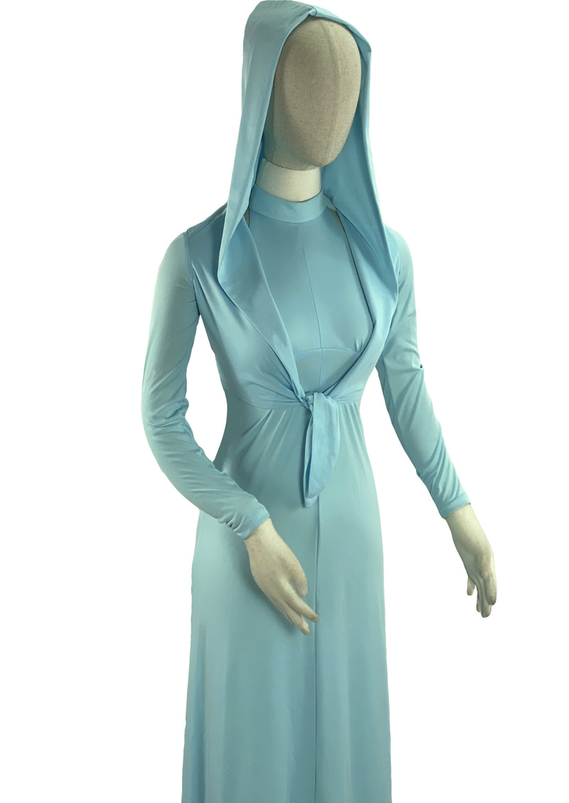 Vintage 1970s Blue Hooded Maxi Dress Ensemble - NEW!