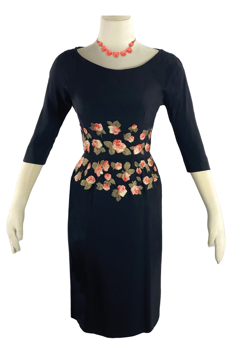 1950s Black Rayon Crepe Designer Dress with Appliqués- New! (SOLD)