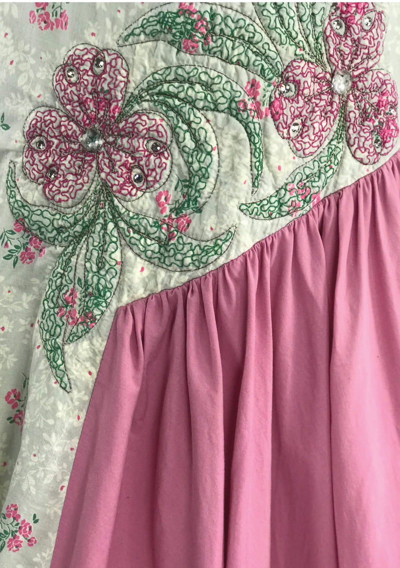 Amazing 1950s Pink Floral Applique Cotton Dress- New!