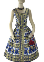 Late 1950s Quality Horrockses Designer Blue Rose Print Cotton Dress - New!