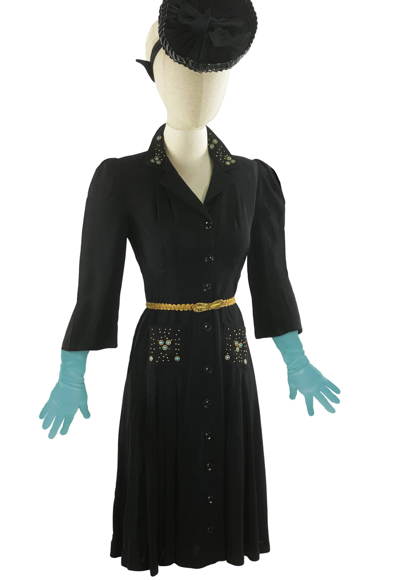 Vintage Early 1940s Studded Black Crepe Button-Through Dress - NEW!