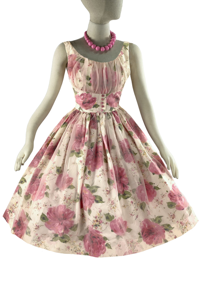 Vintage Late 1950s Pink Roses Dress with Overlay- NEW!