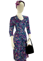 1940s Muted Blue and Purple Floral Rayon Jersey Dress - New!