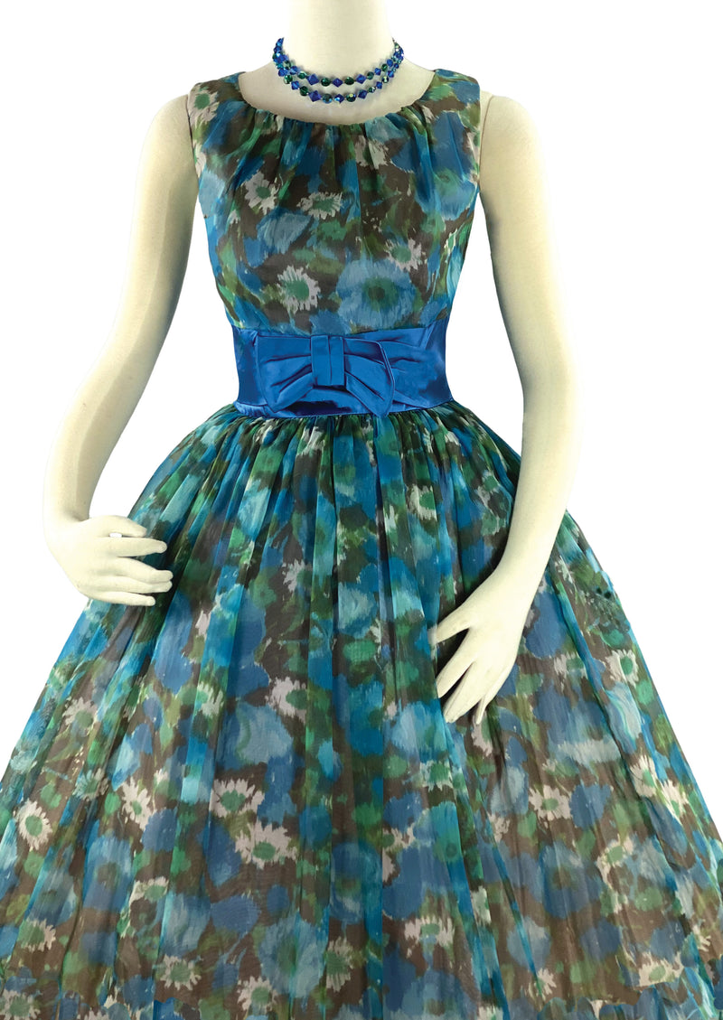 Vintage 1950s Blue Floral Chiffon Party Dress - New! (SOLD)